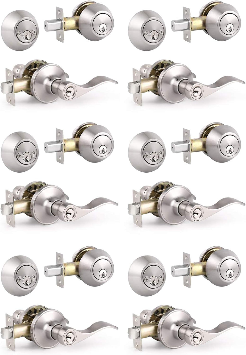 6 Pack Satin Nickel Entry Door Levers with Double Cylinder Deadbolt Handlesets U393220