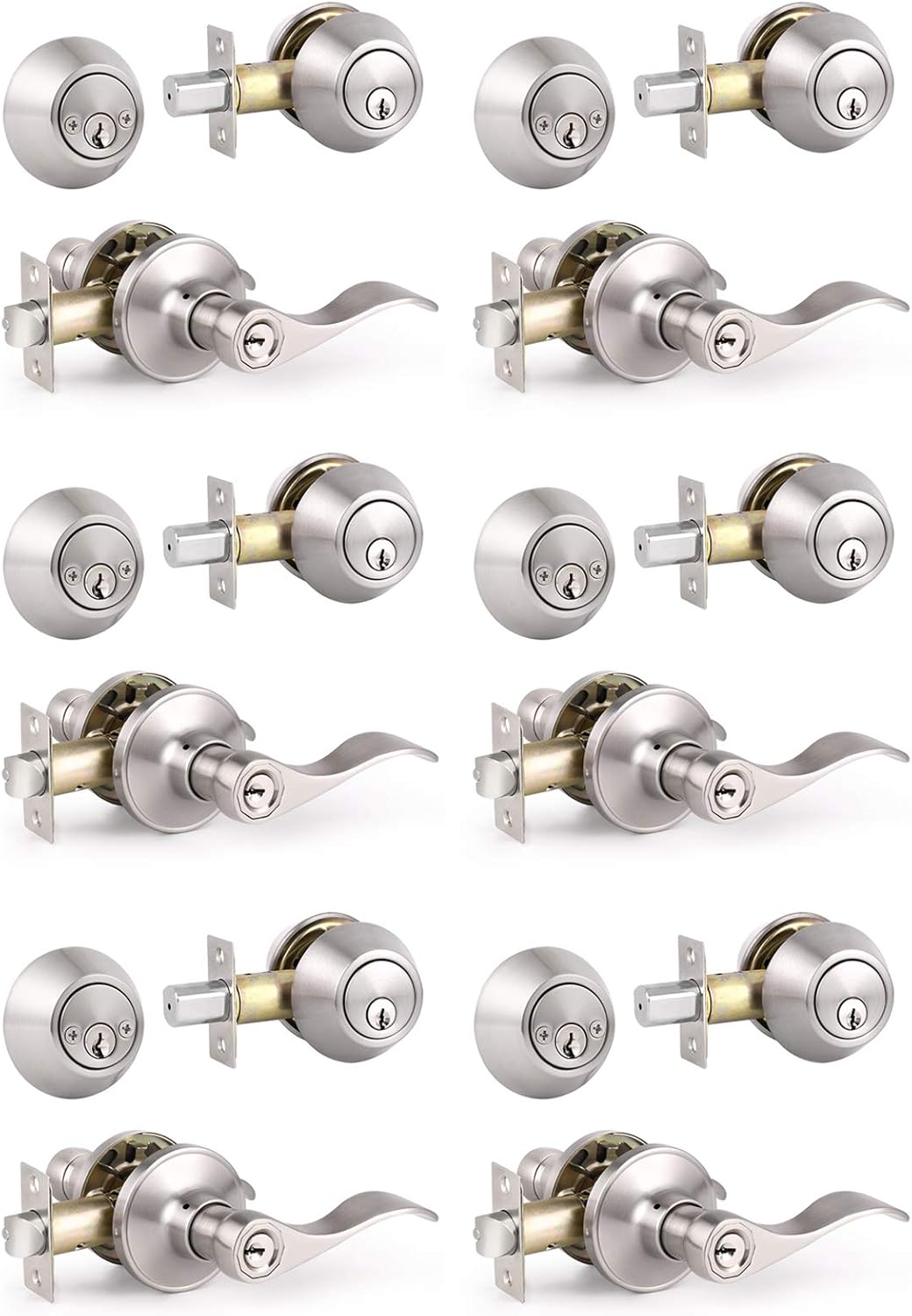 6 Pack Satin Nickel Entry Door Levers with Double Cylinder Deadbolt Handlesets U393220
