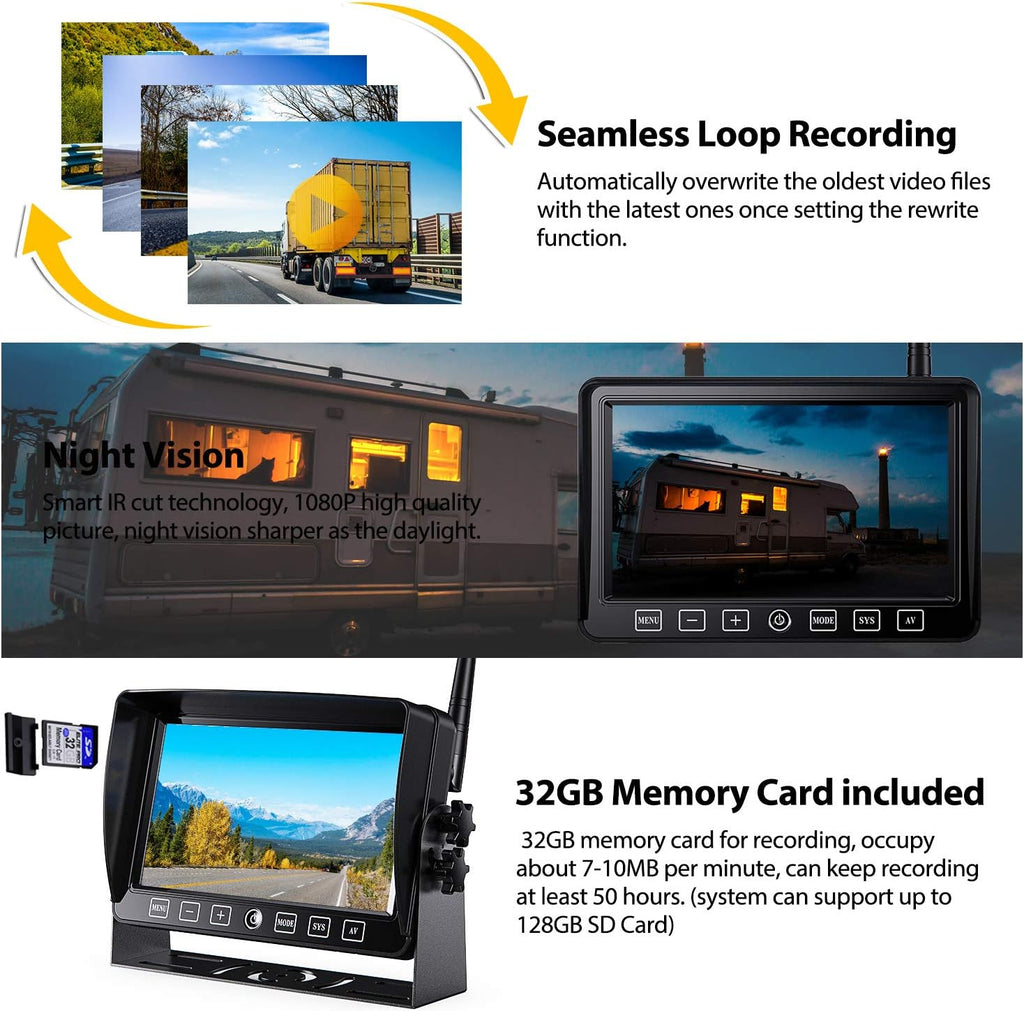 Wireless 7 FHD Monitor Backup Camera System with 4 Cameras T878779