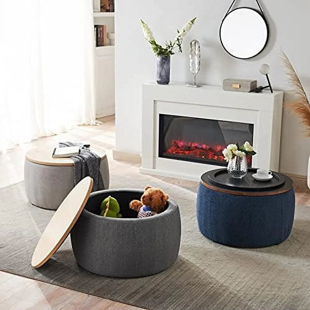 Light Gray Round Ottoman with Reversible Lid Tray J49079