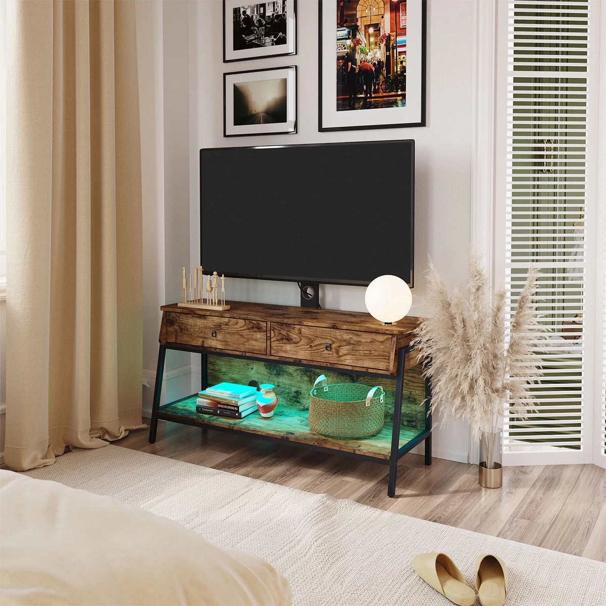 TV Stand with Adjustable Wall Mount, Grey Wash Finish K70200