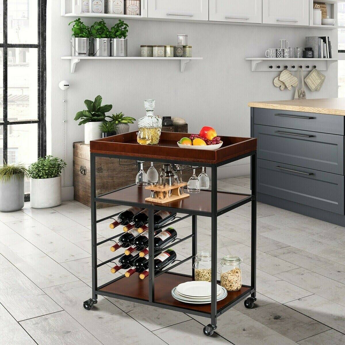 3 Tier Bar Serving Cart with Wine Rack and Glass Holder M919316