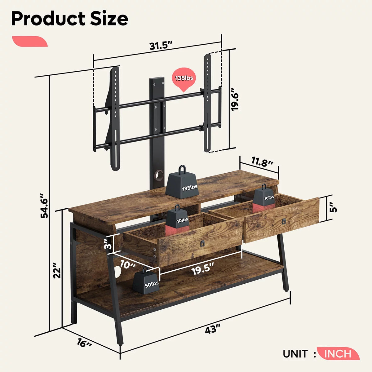 TV Stand with Adjustable Wall Mount, Grey Wash Finish K70200