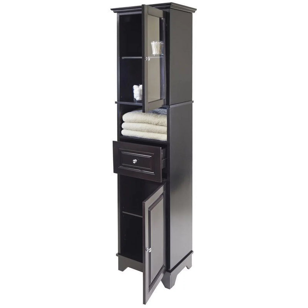 Tall Black Wood Bathroom Storage Cabinet with Glass Door and Drawer K843783