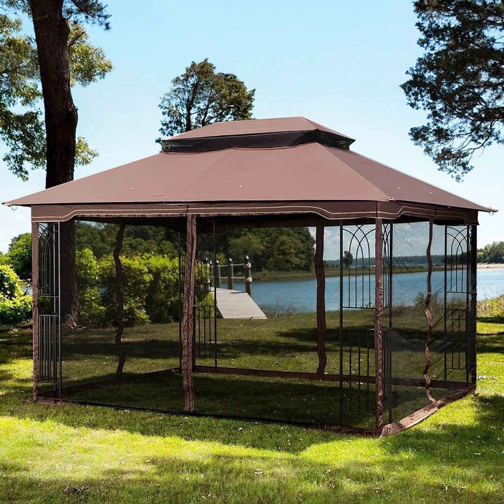 Brown Outdoor Patio Gazebo Canopy Tent with Ventilated Double Roof and Mosquito Net A951903