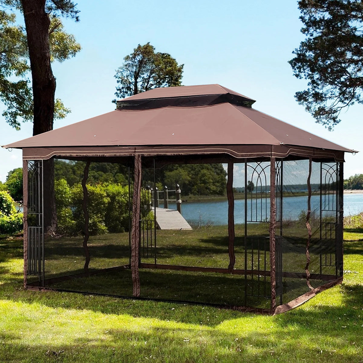 Brown Outdoor Patio Gazebo Canopy Tent with Ventilated Double Roof and Mosquito Net A951903