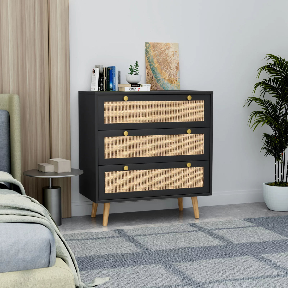 Black 3-Drawer Rattan Dresser Storage Cabinet L567