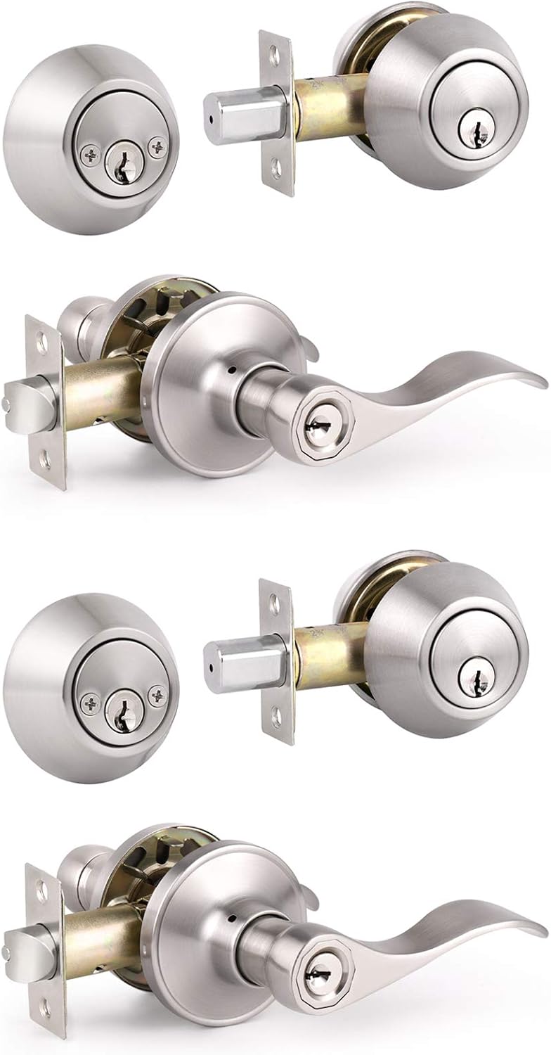 6 Pack Satin Nickel Entry Door Levers with Double Cylinder Deadbolt Handlesets U393220