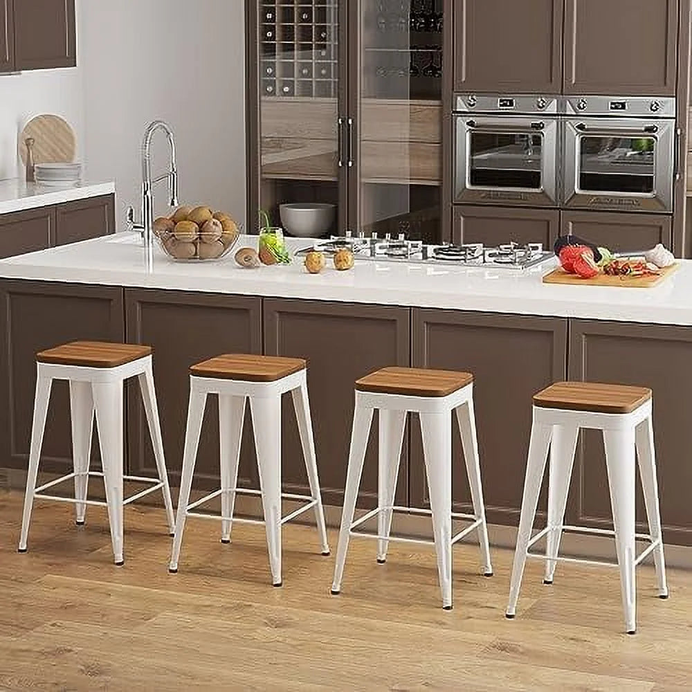 Set of 4 Metal Counter Height Stools with Back and Wooden Seat J741