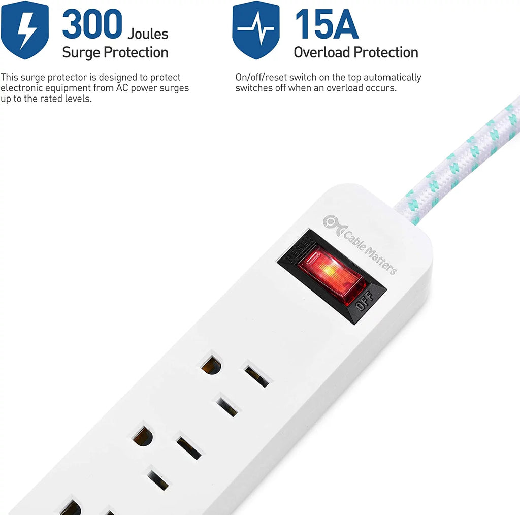 2-Pack 3 Outlet Surge Protector Power Strip with USB Charging Ports White U179