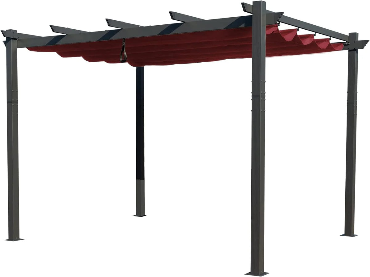 Extra-Large Gray Aluminum Frame Pergola with Sunshade Canopy 10' x 13' Burgundy S721255
