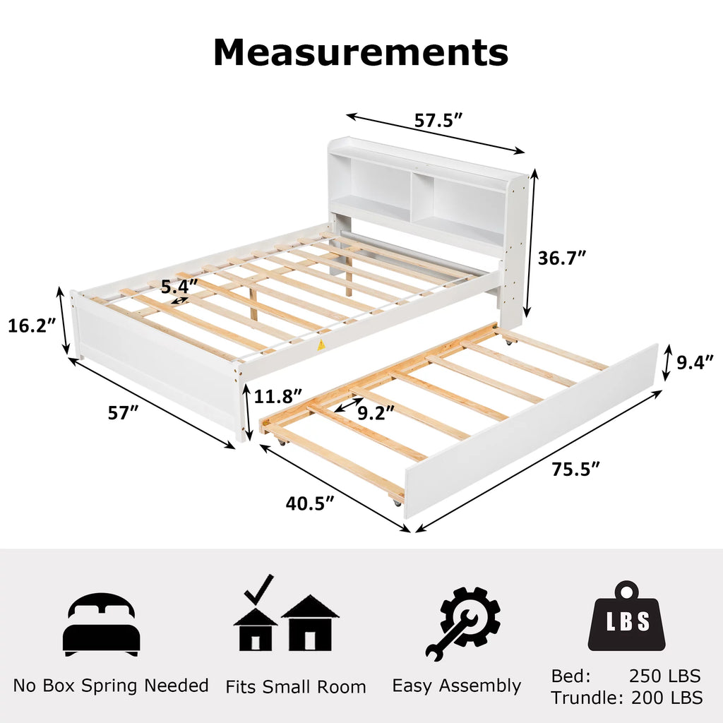 White Wood Full Size Trundle Bed with Bookcase Headboard U691