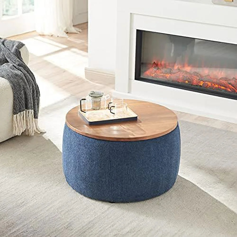 Light Gray Round Ottoman with Reversible Lid Tray J49079