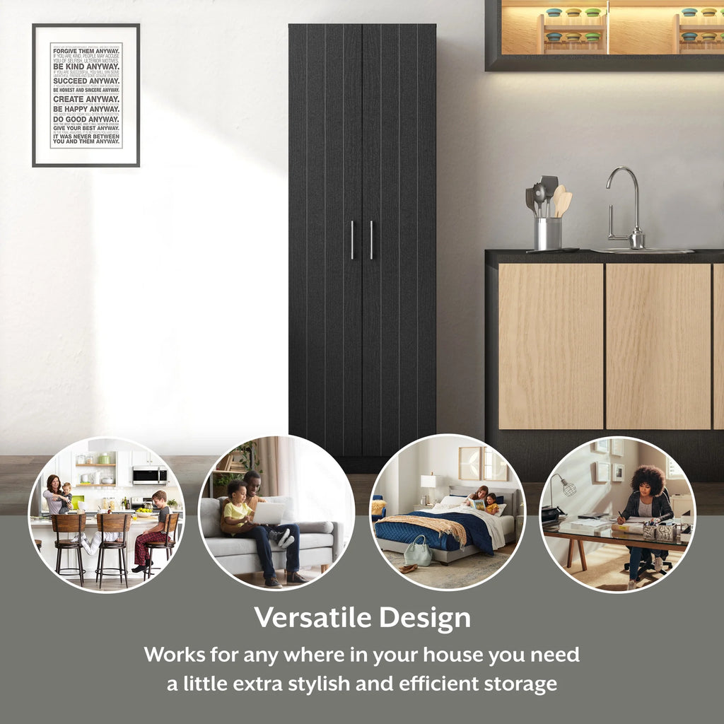 Black Oak Wood Kitchen Pantry with 2 Doors and 4 Shelves G423073