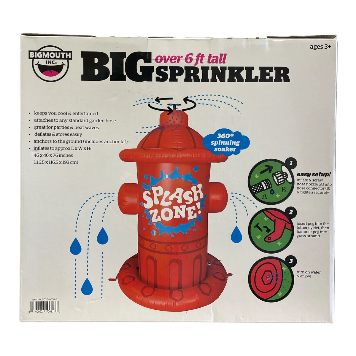 Giant Inflatable Fire Hydrant Sprinkler, 76" Tall, Red K55702