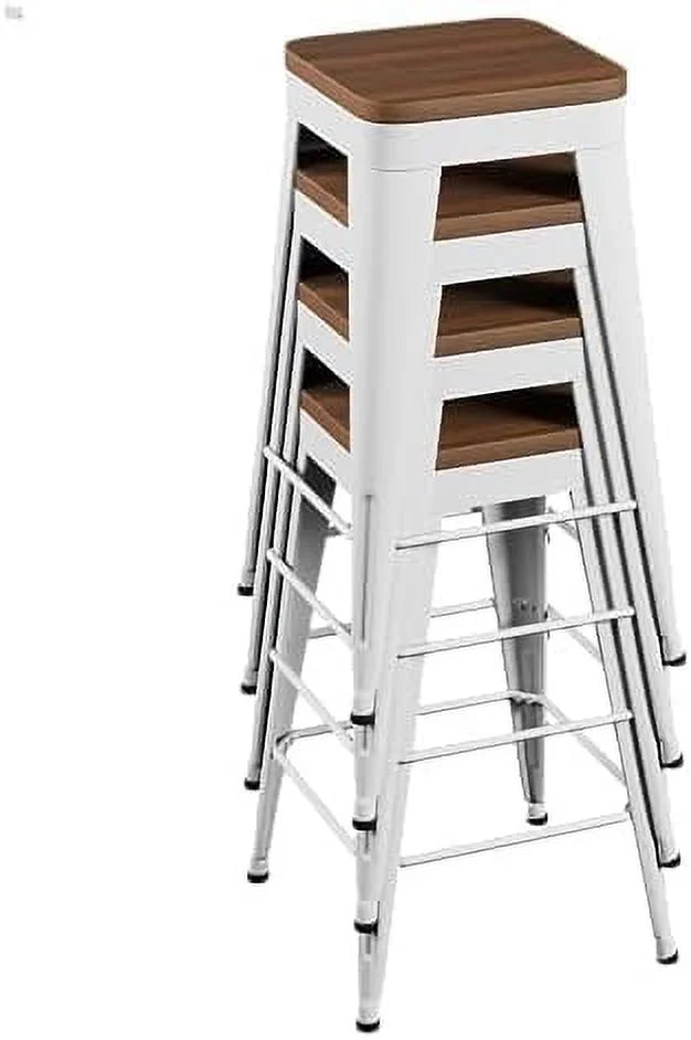Set of 4 Metal Counter Height Stools with Back and Wooden Seat J741